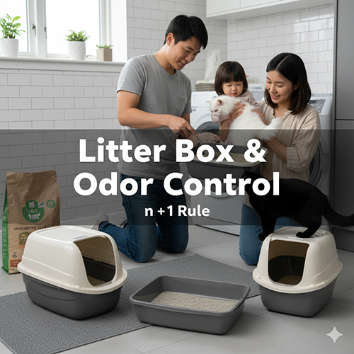 Gia đình chăm sóc mèo trong bếp, dọn khay cát và hướng dẫn cách kiểm soát mùi đúng chuẩn