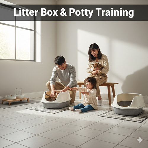 Gia đình hướng dẫn mèo con dùng khay cát đúng chỗ; bố trí hai khay ở góc yên tĩnh, xa bát ăn uống