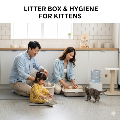 Gia đình hướng dẫn bé nhỏ xúc cát vệ sinh khi mèo con sử dụng khay cát trong bếp, minh họa cách dạy mèo con đi khay đúng chỗ.