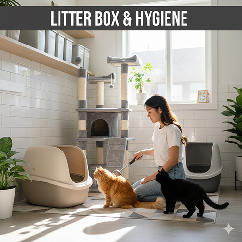 Người phụ nữ đang dọn khay cát và chải lông cho hai chú mèo trong phòng sáng sạch sẽ, minh họa chủ đề khay cát và vệ sinh cho mèo.