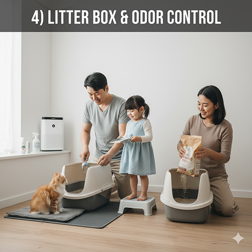 Hướng dẫn chọn và vệ sinh khay cát cho mèo: đủ số lượng, cát vón mịn, xúc hàng ngày, rửa định kỳ và kiểm soát mùi hiệu quả.