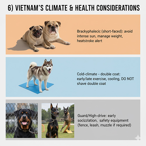 Khí hậu Việt Nam & lưu ý sức khỏe cho chó: mặt ngắn tránh nắng; double coat không cạo; nhóm canh gác cần xã hội hóa và an toàn