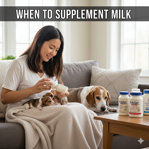 Cô gái cho chó con bú bình trên ghế sofa, chó mẹ nằm cạnh, bàn có các hộp sữa công thức Esbilac.