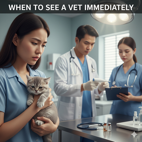 Cô gái bế mèo Anh con trong phòng khám thú y với bác sĩ đang kiểm tra, thể hiện tình huống mèo cần được khám khẩn cấp