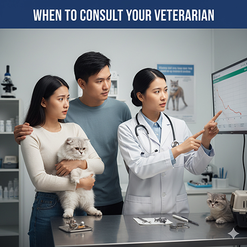 Bác sĩ thú y đang chỉ biểu đồ trên màn hình cho cặp đôi mang mèo Anh đến khám, bên cạnh có một chú mèo con đang ngồi trên bàn.