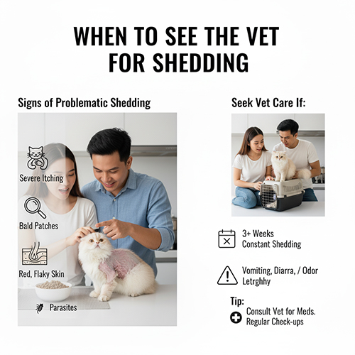 Cặp đôi kiểm tra sức khỏe và chuẩn bị đưa mèo Anh lông dài đến bác sĩ thú y, minh họa dấu hiệu rụng lông bất thường.