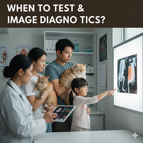 Gia đình cùng bác sĩ thú y xem phim X-quang của mèo trong phòng khám, minh họa cho việc xét nghiệm và chẩn đoán hình ảnh