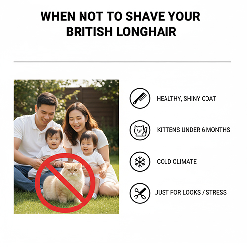 Khi nào không nên cạo lông mèo Anh lông dài – Hình ảnh gia đình vui đùa với mèo British Longhair trắng trong vườn, kèm biểu tượng các trường hợp không nên cạo lông.