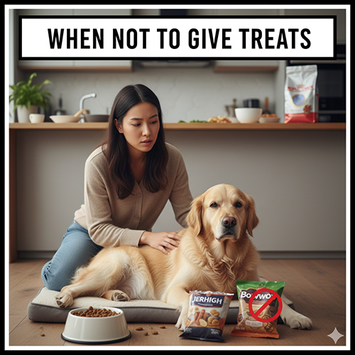 Cô gái ngồi cạnh chó Golden trên đệm, trước mặt là bát hạt và các gói Jerhigh, Bowwow, trong đó một gói bị gạch chéo đỏ.