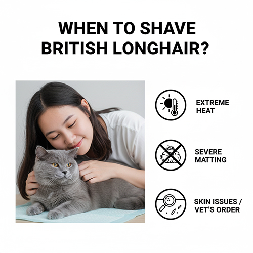 Khi nào nên cạo lông mèo Anh lông dài – Hình ảnh cô gái âu yếm mèo British Longhair xám, minh họa các trường hợp như trời quá nóng, lông rối nặng, vấn đề da liễu.