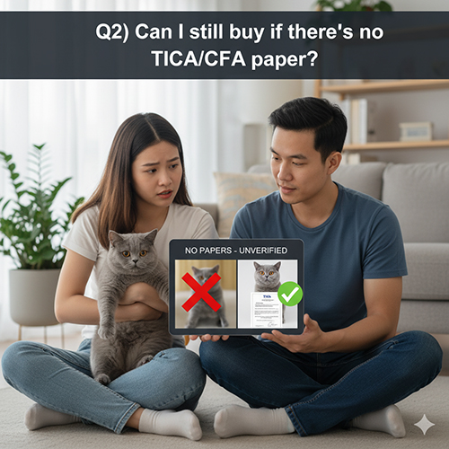 Cặp đôi ngồi trên sofa ôm mèo Anh và xem màn hình hiển thị hình ảnh mèo có và không có giấy TICA/CFA, minh họa cho câu hỏi có nên mua mèo Anh khi không có giấy