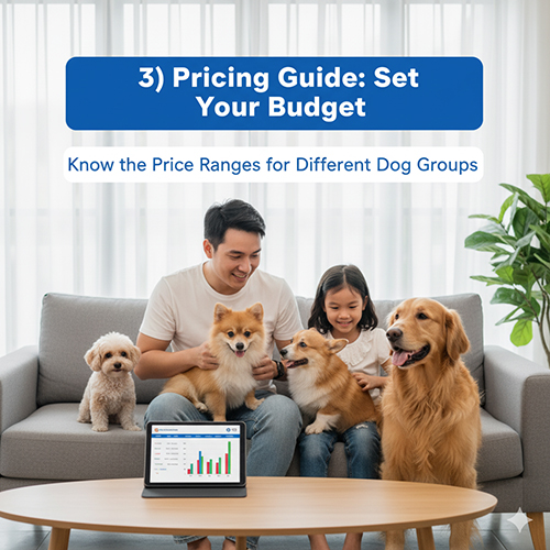 Người đàn ông và bé gái ngồi trên ghế sofa chơi với bốn chú chó thuộc nhiều giống khác nhau, minh họa cho phần “Khung giá tham chiếu theo nhóm chó” trong hướng dẫn mua chó an toàn.
