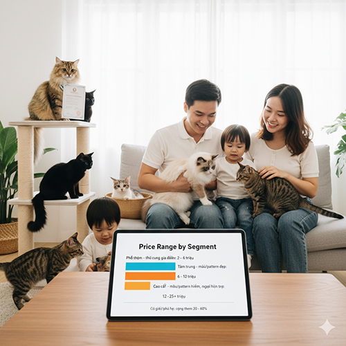 Gia đình bên nhiều mèo, máy tính bảng hiển thị biểu đồ “Price Range by Segment” – khung giá mèo theo phân khúc (phổ thông, tầm trung, cao cấp, cộng giấy/phả hệ)