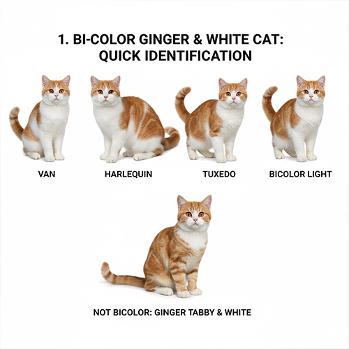 Khung nhận diện mèo vàng trắng bicolor gồm van harlequin tuxedo và bicolor nhẹ