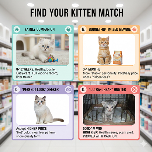 ảnh minh họa các nhóm nhu cầu nuôi mèo con: gia đình, tiết kiệm, chuẩn màu-form, săn rẻ