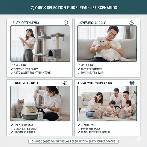 Bốn khung ảnh minh họa các tình huống thực tế khi chọn mèo Anh lông ngắn: người bận rộn, người thích mèo to, người nhạy mùi và gia đình có trẻ nhỏ