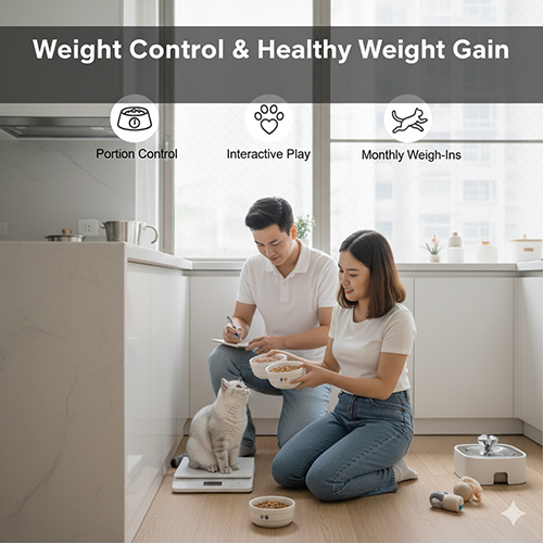 Cặp đôi cho mèo Anh lông ngắn ăn và theo dõi cân nặng bằng cân điện tử trong căn bếp hiện đại