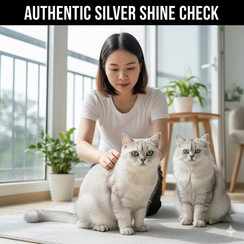 Cô gái ngồi bên hai chú mèo Anh silver trong căn phòng sáng tự nhiên gần cửa sổ, ánh sáng chiếu làm nổi bật lớp lông bạc mát và trung tính.