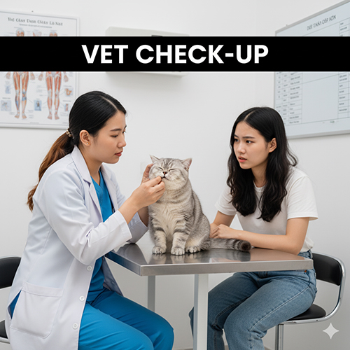 Bác sĩ thú y đang kiểm tra miệng mèo Anh lông ngắn trong khi chủ mèo lo lắng quan sát bên cạnh