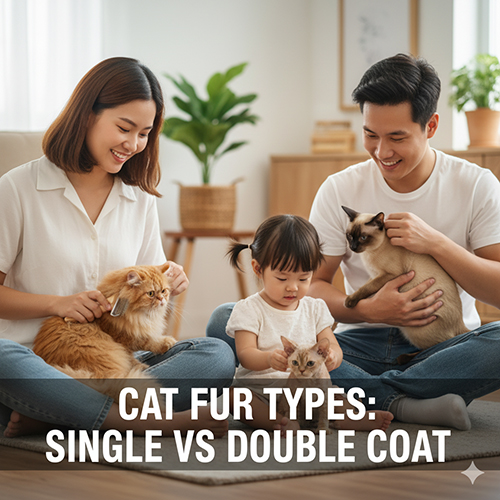 Gia đình đang vuốt ve và chải lông cho mèo với các kiểu lông khác nhau, minh họa cho bài viết về phân loại lông mèo single, double, ngắn, dài, xoăn và không lông.