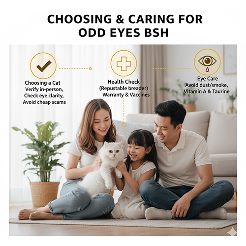 Gia đình cùng mèo Anh lông dài trắng mắt 2 màu trong phòng khách – minh họa cách chọn và chăm sóc mèo odd eyes