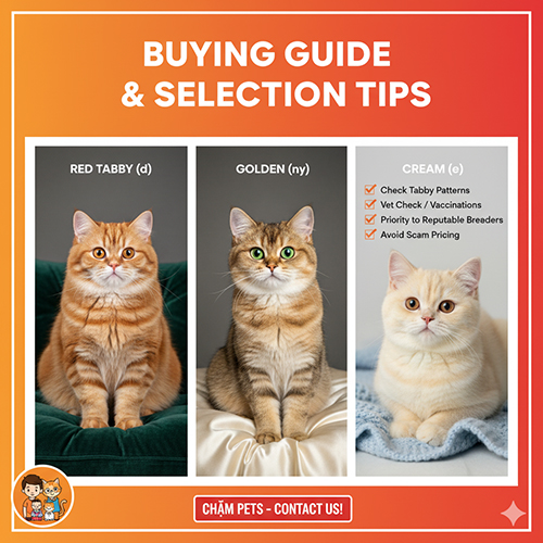 Kinh nghiệm chọn mua mèo Anh lông dài màu vàng Red Tabby – cách phân biệt với Golden và Cream, kiểm tra hoa văn và sức khỏe