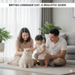 Kinh nghiệm nuôi mèo Anh lông dài (British Longhair) – Hình ảnh gia đình vui vẻ chơi đùa cùng mèo British Longhair trắng trong phòng khách, thể hiện sự gần gũi và chăm sóc thực tế.