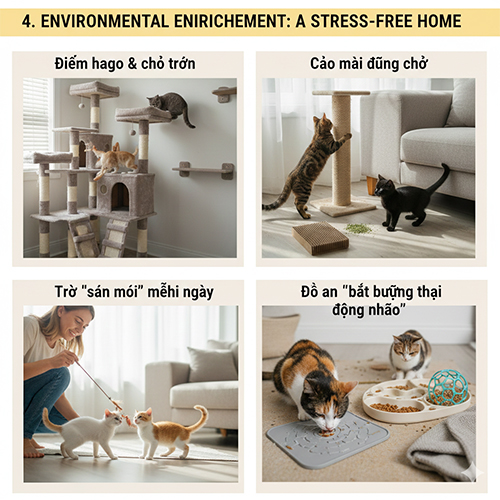 Không gian sống được làm giàu với cây mèo, chỗ trốn, đồ chơi và hoạt động giúp mèo giảm stress
