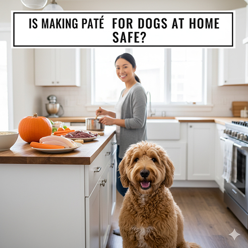 Cô gái đang nấu pate cho chó trong bếp, phía trước là chó lông xoăn nâu và các nguyên liệu như thịt gà, gan, bí đỏ, cà rốt, yến mạch.