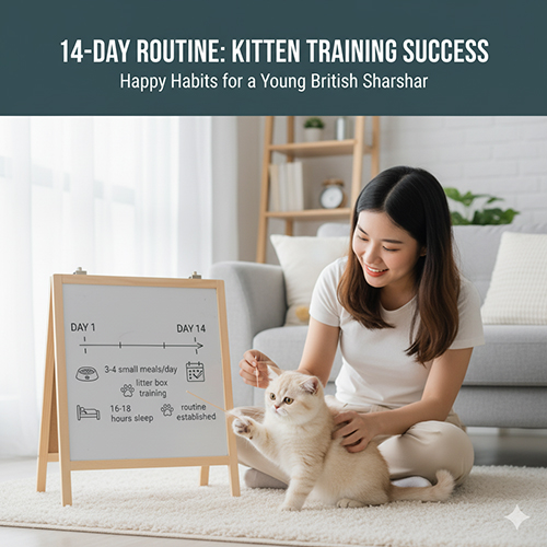 Cô gái huấn luyện mèo Anh lông ngắn con bên bảng kế hoạch 14 ngày – minh họa quá trình vào nếp cho mèo con dễ dàng và khoa học