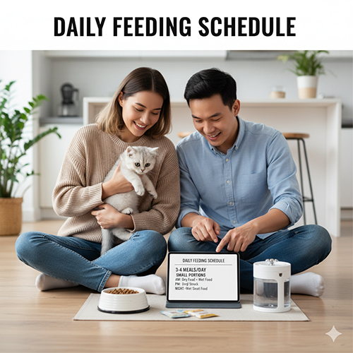 Cặp đôi ngồi trên sàn nhà cho mèo Anh lông ngắn con ăn, bên cạnh là bát thức ăn và bảng lịch ăn chi tiết