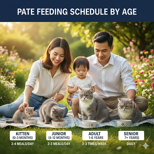 Gia đình cho bốn mèo Anh lông ngắn ăn pate ngoài công viên, minh họa lịch ăn theo các giai đoạn tuổi