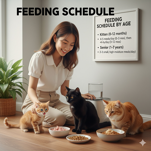 Chủ cho ba mèo (một mèo con, một mèo đen trưởng thành, một mèo vàng) ăn trước ba bát pate và hạt, cạnh bảng “Feeding Schedule by Age”.