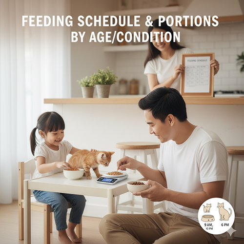Gia đình cho mèo con ăn trên bàn nhỏ, người mẹ cầm bảng lịch ăn phía sau, minh họa việc cho mèo ăn đúng giờ và khẩu phần theo độ tuổi.