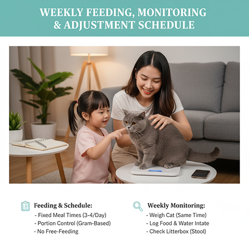 Người phụ nữ và bé gái cân mèo Anh lông ngắn lông xám bằng cân điện tử tại nhà, mô tả lịch ăn và theo dõi cân nặng hàng tuần