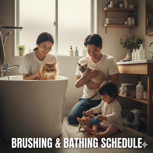 Gia đình đang tắm và chải lông cho mèo trong phòng tắm, minh họa cho hướng dẫn lịch chải – tắm phù hợp với từng kiểu lông mèo.