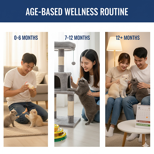Ba khung cảnh cho thấy các cặp đôi chơi và chăm sóc mèo Anh ở ba giai đoạn tuổi khác nhau: mèo con, mèo 7–12 tháng và mèo trưởng thành.