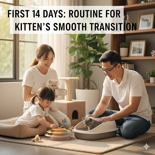 Gia đình chăm sóc mèo Anh con trong 14 ngày đầu sau khi đón về, hướng dẫn lịch ăn, ngủ và làm quen môi trường mới