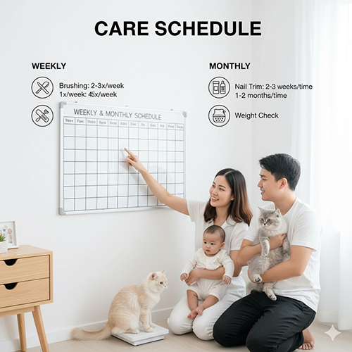 Gia đình cùng hai mèo Anh lông dài trước bảng lịch chăm sóc, minh họa kế hoạch chăm sóc theo tuần và tháng.