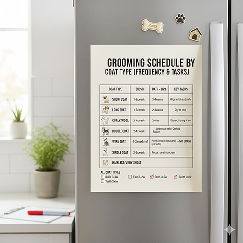 Lịch grooming theo từng kiểu lông chó – tần suất chải, tắm, sấy và công việc cụ thể cho từng nhóm lông.