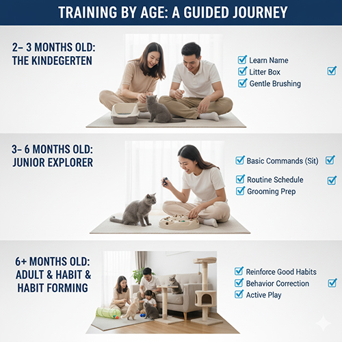 Gia đình huấn luyện mèo Anh lông ngắn ở các độ tuổi khác nhau với khay cát, đồ chơi và trụ cào, minh họa cho hướng dẫn huấn luyện mèo theo giai đoạn phát triển