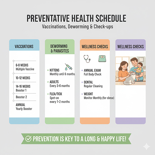 Bảng minh họa lịch tiêm phòng, tẩy giun và kiểm tra sức khỏe định kỳ cho mèo Anh lông ngắn giúp phòng ngừa bệnh hiệu quả