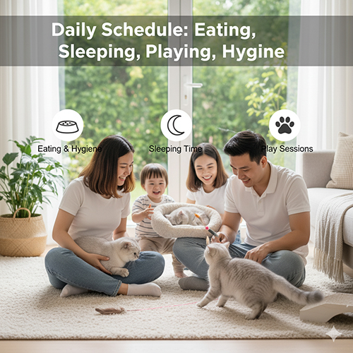 Gia đình cùng chơi và chăm sóc hai chú mèo Anh lông ngắn trong phòng khách, thể hiện lịch sinh hoạt ăn ngủ chơi vệ sinh khoa học
