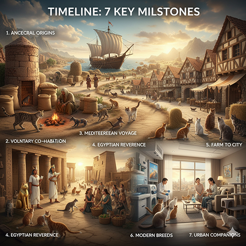 Minh hoạ dòng thời gian quá trình thuần hoá mèo từ tổ tiên hoang dã ở Cận Đông, qua Ai Cập cổ, hành trình vượt Địa Trung Hải, tới châu Âu trung cổ và đời sống hiện đại đô thị.