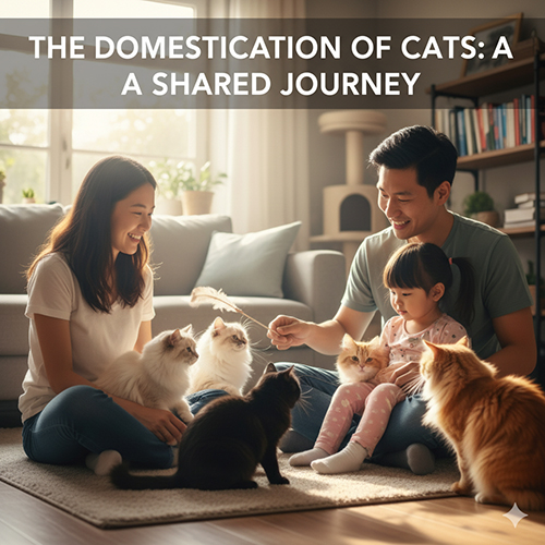 Gia đình vui vẻ chơi cùng nhiều chú mèo trong phòng khách, thể hiện mối quan hệ gắn bó giữa con người và mèo qua quá trình thuần hoá.