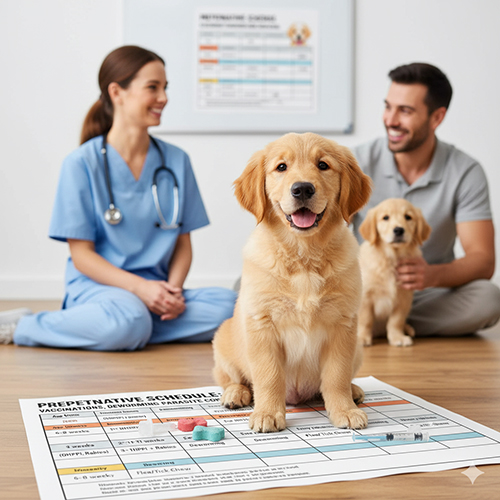 Chó con Golden Retriever ngồi trước bảng lịch tiêm phòng và tẩy giun, bên cạnh bác sĩ thú y và chủ nuôi, minh họa quy trình chăm sóc dự phòng cho chó.