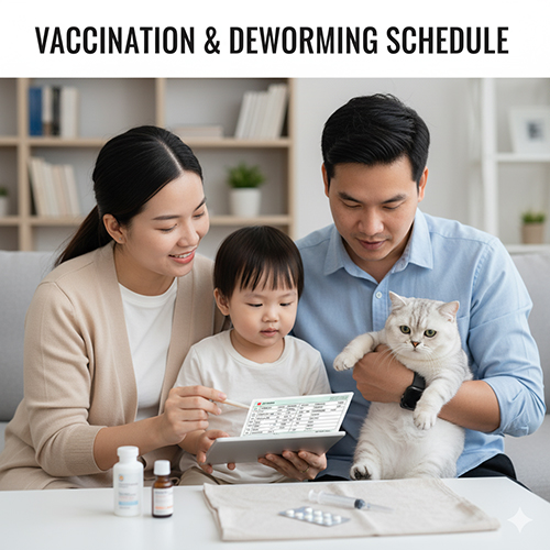 Gia đình nhỏ ôm mèo Anh lông ngắn con, xem lịch tiêm phòng và tẩy giun trên máy tính bảng, bên cạnh là lọ thuốc thú y