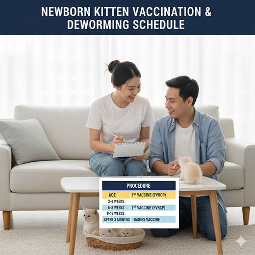 Cặp đôi trẻ ghi chép lịch tiêm phòng và tẩy giun cho mèo con Anh lông ngắn trong phòng khách sáng sủa