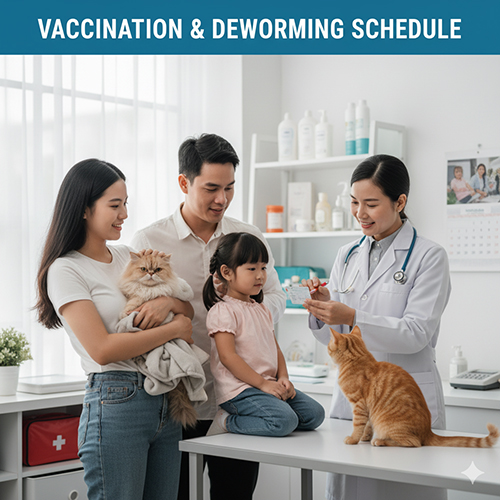 Gia đình cùng bác sĩ thú y tiêm phòng cho mèo trong phòng khám, minh họa cho lịch tiêm phòng và tẩy giun định kỳ