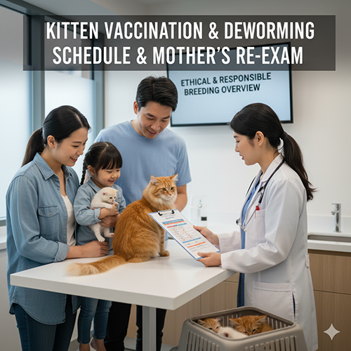 Bác sĩ thú y tư vấn lịch tiêm phòng và tẩy giun cho mèo con, đồng thời kiểm tra sức khỏe cho mèo mẹ sau sinh